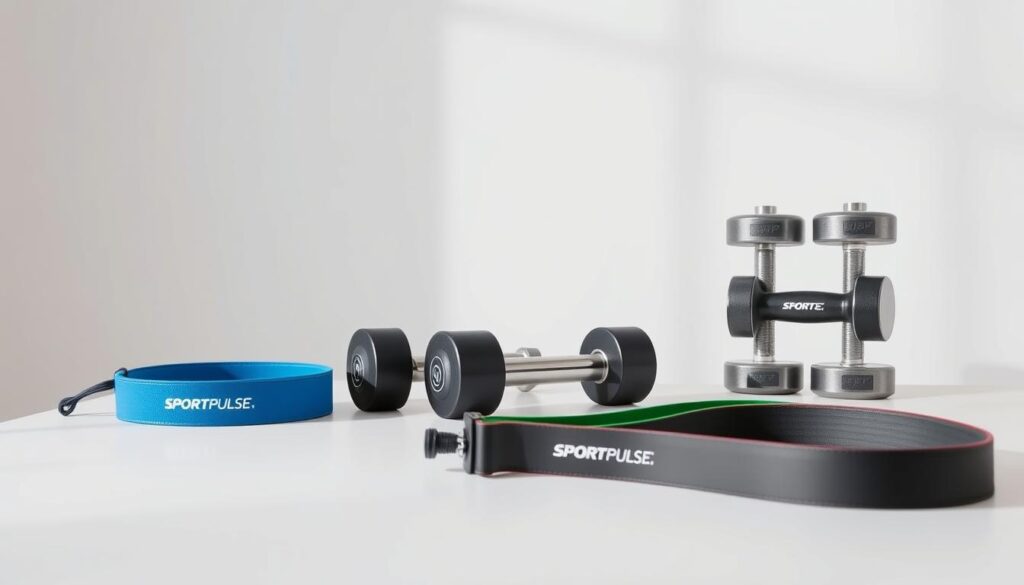 A clean, well-lit studio space showcasing an array of fitness equipment arranged on a sleek, minimalist table. In the foreground, a set of Sport Pulse resistance bands in various resistance levels, neatly displayed. In the middle ground, a pair of Sport Pulse dumbbells of different weights, their metallic surfaces reflecting the studio lighting. The background features a neutral, seamless backdrop, creating a sense of focus and clarity on the fitness gear. The overall composition emphasizes the cost-effectiveness and versatility of the presented equipment, inviting the viewer to compare and contrast their features.