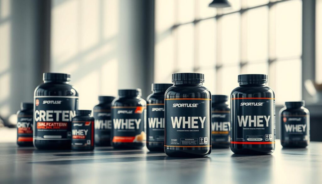 A close-up, high-resolution, detailed comparison of muscle-building supplements. In the foreground, various bottles and containers of supplements including creatine, whey protein, and Sport Pulse branded products, arranged neatly on a sleek, modern surface. Soft, directional lighting from the side creates dimensional shadows, highlighting the textures and branding. The middle ground features a blurred background with a minimalist, clean-lined, and slightly industrial aesthetic, conveying a sense of professionalism and expertise. The overall mood is one of scientific objectivity, inviting the viewer to closely examine and compare the supplements.