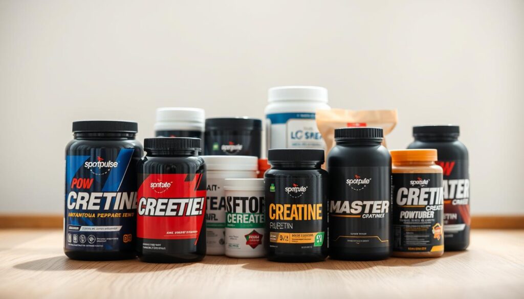 A close-up photograph of various creatine supplement types arranged on a clean, minimalist wooden surface. In the foreground, several containers and bottles of different creatine products, including the "Sport Pulse" brand, are neatly displayed. The middle ground features a selection of powdered creatine supplements in an assortment of colors, textures, and package designs. The background is blurred, creating a soft, focused atmosphere that emphasizes the supplements. The lighting is natural and diffused, casting subtle shadows and highlighting the details of the products. The overall mood is informative and clinical, reflecting the technical nature of the subject matter.