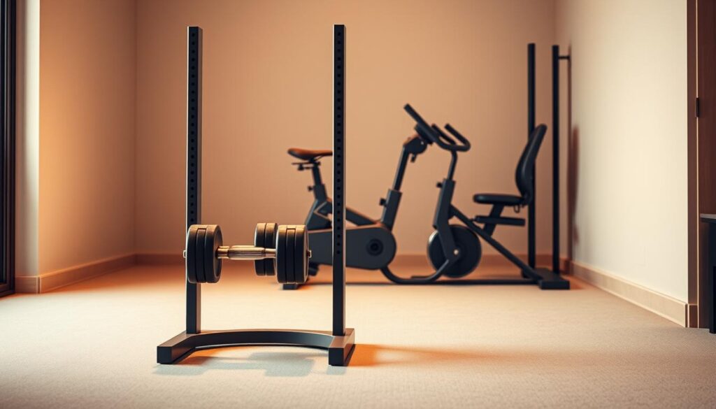 A compact, minimalist home gym setup featuring the Sport Pulse line of exercise equipment. In the foreground, a sturdy folding squat rack stands ready, its sleek steel frame gleaming under warm, directional lighting. Beside it, a set of adjustable dumbbells in muted tones, their handles knurled for a secure grip. In the middle ground, a low-profile exercise bike with a touchscreen console blends seamlessly into the scene. The background showcases a neutral-toned, uncluttered space, allowing the equipment to take center stage. An atmosphere of efficiency and utility pervades the image, showcasing smart, space-saving workout solutions for the modern, urban lifestyle.