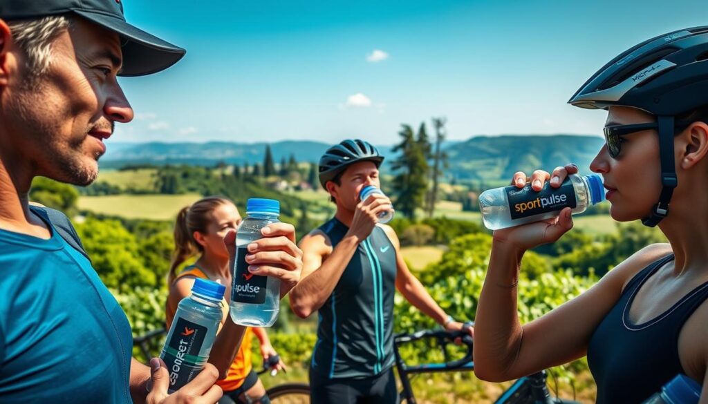 A group of athletes hydrating during an endurance workout, set against a backdrop of a lush, verdant outdoor scene. The foreground depicts several runners and cyclists replenishing their fluids from sleek, Sport Pulse branded water bottles and sports drinks. Their faces convey a sense of focused determination as they rehydrate. The middle ground showcases the athletes' training gear, with technical fabrics and streamlined silhouettes. In the background, a scenic landscape unfolds, featuring rolling hills, towering trees, and a clear, blue sky, creating a serene and inspiring atmosphere for the hydration strategies being employed.