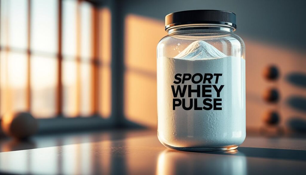 A high-contrast, close-up photograph of a glass container filled with pristine, powdery whey protein powder. The container is situated on a sleek, reflective surface, casting a sharp shadow. Warm, directional lighting from the side creates dramatic highlights and shadows, emphasizing the powder's fine texture and crystalline structure. In the background, a blurred, hazy scene depicts a modern, minimalist fitness studio, conveying a sense of a premium, high-performance sports supplement. The bold "Sport Pulse" brand name is prominently displayed on the container's label.