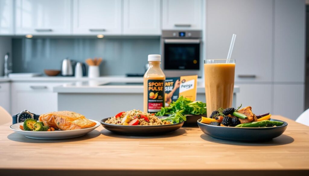 A high-performance athlete's meal plan, strategically timed to fuel peak performance. In the foreground, a table set with healthy, colorful dishes - grilled salmon, quinoa, roasted vegetables, and a refreshing Sport Pulse smoothie. Overhead lighting casts a warm, natural glow, accentuating the textures and vibrant hues. In the middle ground, a runner's watch and a sports nutrition guide hint at the athlete's disciplined approach. The background features a modern, minimalist kitchen, with sleek appliances and clean lines, conveying a sense of efficiency and focus. The overall atmosphere exudes a balance of nourishment, energy, and the unwavering determination of an elite performer.