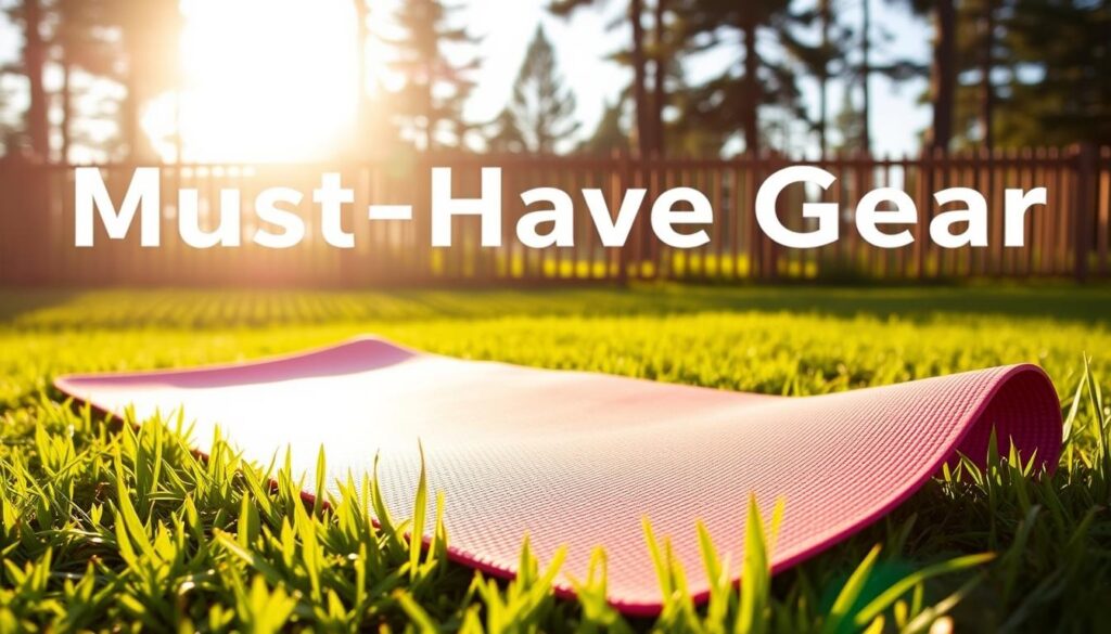A high-quality, budget-friendly yoga mat from the Sport Pulse brand lies on a grassy field, bathed in warm afternoon sunlight. The mat's textured surface reflects the sun's rays, its vibrant color contrasting against the lush green grass. In the background, a wooden fence and tall trees create a serene, natural setting, perfect for an outdoor yoga session. The mat is positioned at a slight angle, giving the image a dynamic, inviting composition. The overall mood is one of simplicity, tranquility, and accessibility, perfectly capturing the "Must-Have Gear for Outdoor Activities" theme.