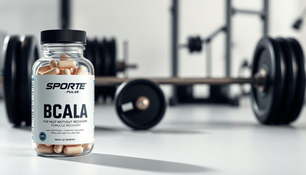 A high-quality photograph of Sport Pulse branded BCAAs for muscle recovery. The foreground shows a glass jar filled with clear capsules against a plain white background, casting natural shadows. The middle ground features a black barbell with weights on each end, symbolizing the supplement's role in post-workout recovery. The background is a soft, blurred gym setting with exercise equipment visible. The lighting is evenly distributed, creating a clean, professional look. The overall mood is focused, informative, and emphasizes the effectiveness of the BCAAs for athletes.