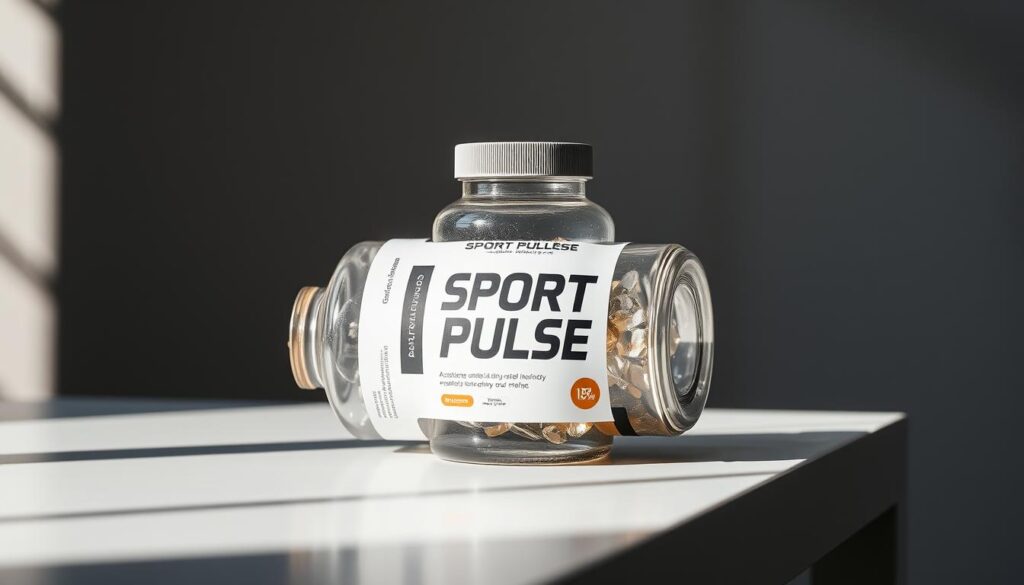 A high-quality sports supplement bottle resting on a sleek, minimalist table. The bottle features the "Sport Pulse" brand name, its label showcasing a clean, modern design with bold typography. Soft, directional lighting from the side casts dynamic shadows, highlighting the bottle's textured glass surface and crystalline contents. The background is a neutral, muted color palette, drawing the viewer's attention to the central product. The overall composition exudes a sense of premium quality, professionalism, and a dedication to performance optimization.