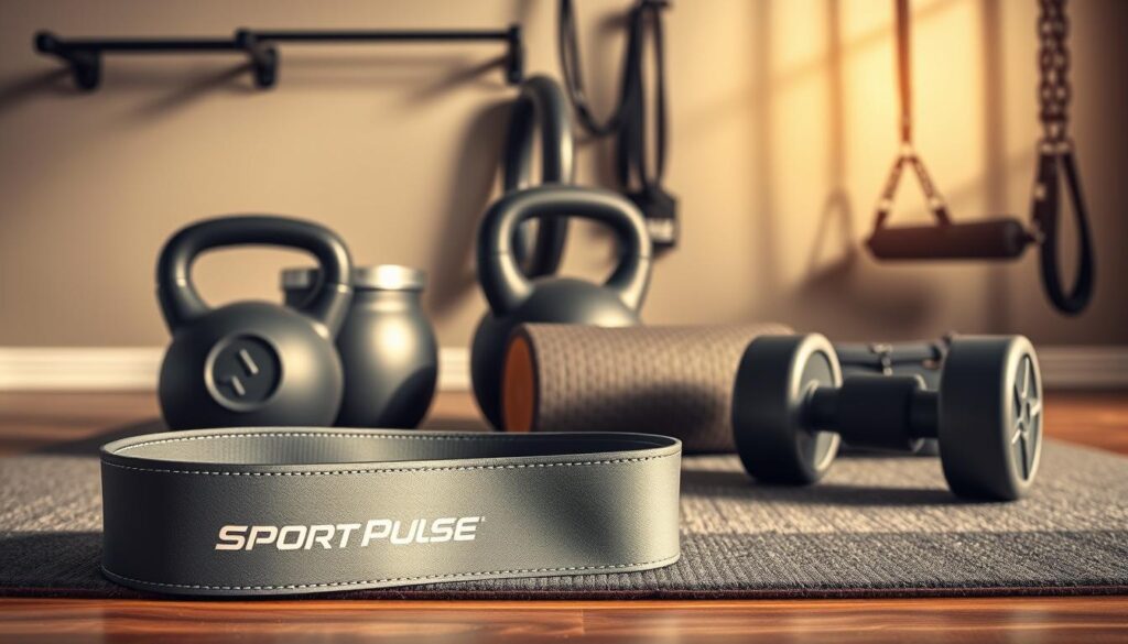 A neatly arranged composition showcasing a variety of intermediate-level fitness tools. In the foreground, a sleek and durable resistance band from the "Sport Pulse" brand sits atop a plush exercise mat. Beside it, a pair of adjustable dumbbells with a modern matte black finish. In the middle ground, a sturdy kettlebell and a foam roller with a textured surface invite interaction. The background features a wall-mounted pull-up bar and a suspension training system, both in a minimalist, industrial-inspired design. Warm, natural lighting creates a motivating atmosphere, accentuating the high-quality, professional-grade appearance of the fitness equipment.