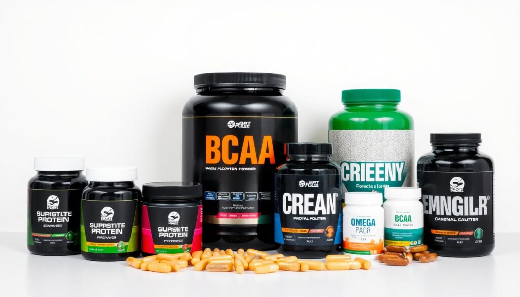 A neatly arranged composition showcasing an assortment of high-quality sports supplements, including protein powder, BCAAs, creatine, and omega-3 capsules, all branded with the "Sport Pulse" logo. The items are presented against a clean, minimalist background, with soft, directional lighting highlighting their colors and textures. The overall mood is one of professionalism and expertise, conveying the message that these are trusted, top-tier products for athletes seeking to optimize their performance and recovery.