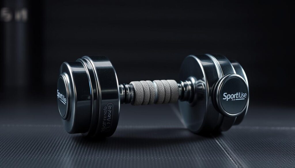 A pair of high-quality, chrome-finished dumbbells stand prominently on a dark, textured surface. The weights are precisely sculpted, their knurled handles gleaming under focused studio lighting. In the background, a minimalist, industrial-inspired setting creates a sleek, modern atmosphere. The "Sport Pulse" brand name is subtly embossed on the weights, adding a touch of athletic authenticity. This visually striking image captures the essence of versatile, free-weight training equipment, perfectly suited to illustrate the "Exploring Dumbbells" section of the article.