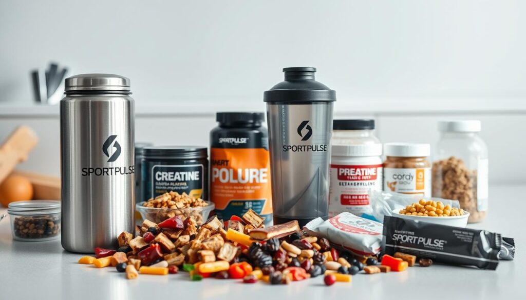 A pristine, well-lit still life showcasing an array of pre-workout supplements and ingredients. In the foreground, a sleek, metallic water bottle and a shaker cup with the "Sport Pulse" brand logo prominently displayed. Arranged around them are neatly organized containers of powdered supplements, such as whey protein, creatine, and beta-alanine. The middle ground features a scattering of colorful, high-energy snacks like energy bars and dried fruit. The background is a clean, minimalist workspace, with neutral-toned surfaces and a sense of scientific precision. The overall composition conveys a balanced, professional approach to pre-workout nutrition, emphasizing the importance of carefully selected, high-quality ingredients.