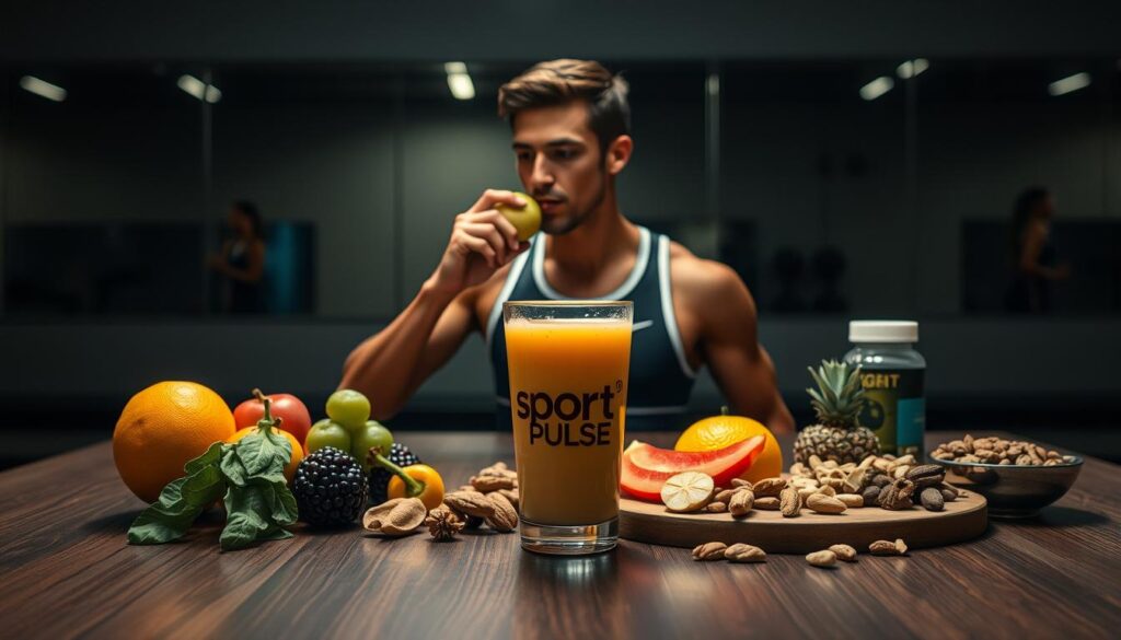 A serene, dimly lit gym setting with an athlete sipping a Sport Pulse sports nutrition shake. In the foreground, a glass filled with a vibrant, nutrient-dense liquid rests on a sleek, wooden table, surrounded by a neatly arranged selection of fresh fruits, nuts, and other natural sports supplements. In the middle ground, the athlete, dressed in athletic gear, is captured mid-sip, their face exuding a sense of focus and determination. The background features a wall of mirrors, creating a sense of depth and amplifying the athletic ambiance. Soft, directional lighting illuminates the scene, casting subtle shadows and highlights that accentuate the textures and colors of the elements. The overall mood is one of intentionality, balance, and the synergy between proper nutrition and athletic performance.