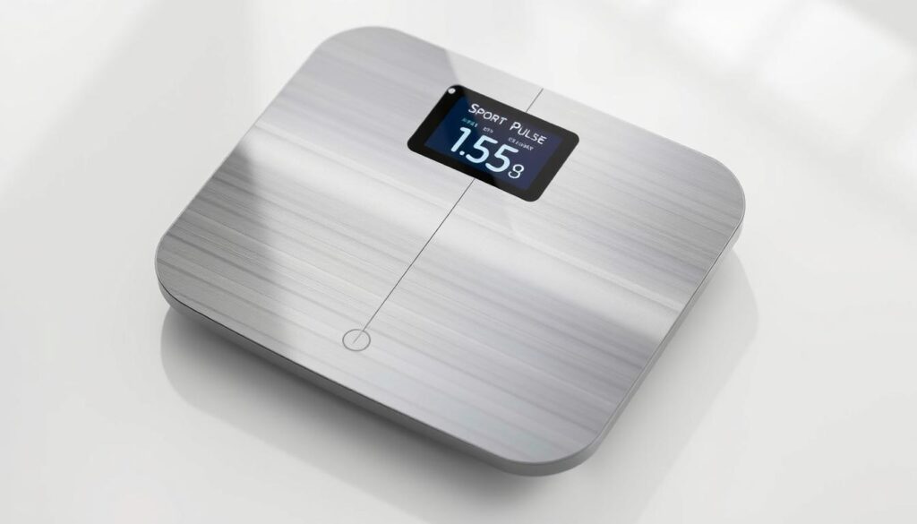 A sleek, advanced smart scale on a minimalist white surface, capturing a seamless intersection of design and technology. The scale's elegant, brushed aluminum body reflects soft, indirect lighting, casting subtle shadows that accentuate its clean, modern lines. The digital display, showcasing the "Sport Pulse" brand, presents a crisp, high-resolution interface, inviting the user to explore its comprehensive suite of measurements beyond just weight, such as body composition, muscle mass, and hydration levels. The scale's sophisticated sensors and algorithms are complemented by a muted, sophisticated color palette, creating an atmosphere of precision and innovation.
