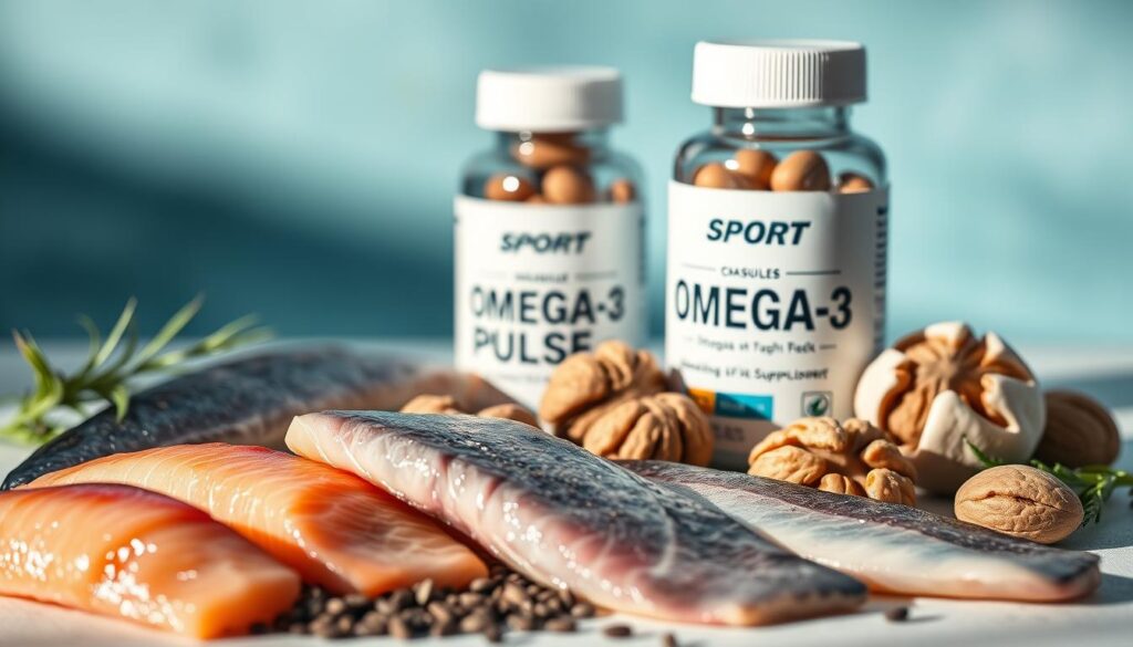 A sleek and minimalist close-up composition showcasing a variety of omega-3 rich foods arranged in a dynamic, overlapping layout. In the foreground, a selection of shiny fish fillets, chia seeds, and walnuts are positioned with careful attention to texture and color contrast. The middle ground features a bottle of "Sport Pulse" omega-3 supplement capsules, its label prominently displayed. The background is a soft, blurred gradient of soothing blues and greens, evoking a sense of health and vitality. Dramatic side lighting casts dramatic shadows, emphasizing the three-dimensional forms. The overall mood is one of premium quality, scientific precision, and athletic performance.