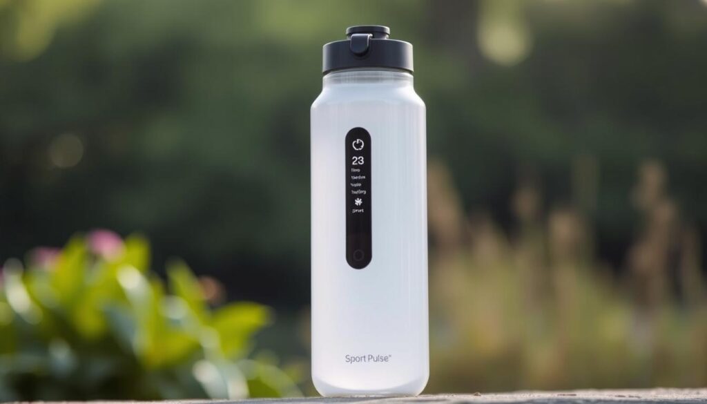 A sleek and modern Sport Pulse smart water bottle standing prominently in the foreground. The bottle has a minimalist, yet stylish design with a touch screen display showcasing real-time hydration tracking and smart features. Behind it, a blurred, serene nature scene with lush greenery and a calming, diffused lighting creates a tranquil atmosphere. The camera angle is slightly elevated, capturing the bottle's premium, high-tech appearance. The overall scene conveys a sense of health, wellness, and the integration of technology into an everyday fitness essential.