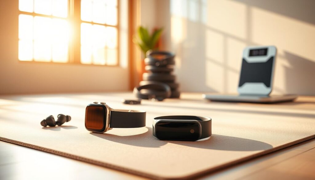 A sleek and modern fitness studio, bathed in warm, natural lighting. In the foreground, an array of the latest "Sport Pulse" smart fitness accessories - a state-of-the-art smartwatch, a high-tech resistance band, and a minimalist exercise mat. The middle ground features a pair of wireless earbuds and a heart rate monitoring sensor. In the background, a stack of fitness-tracking wearables and a cutting-edge smart scale. The overall atmosphere conveys a sense of technological sophistication and the future of connected, personalized fitness.