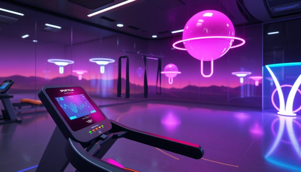A sleek, futuristic fitness center filled with state-of-the-art workout equipment. In the foreground, a "Sport Pulse" treadmill with a large holographic display and biometric sensors monitoring the user's vitals. Floating in the middle ground, a series of adjustable resistance bands and a levitating exercise ball. In the background, a serene landscape with glowing, hovering structures and a vibrant, neon-infused lighting scheme, creating an immersive, high-tech atmosphere. The scene conveys a sense of innovation, efficiency, and personal health optimization, reflecting the future of smart fitness accessories.