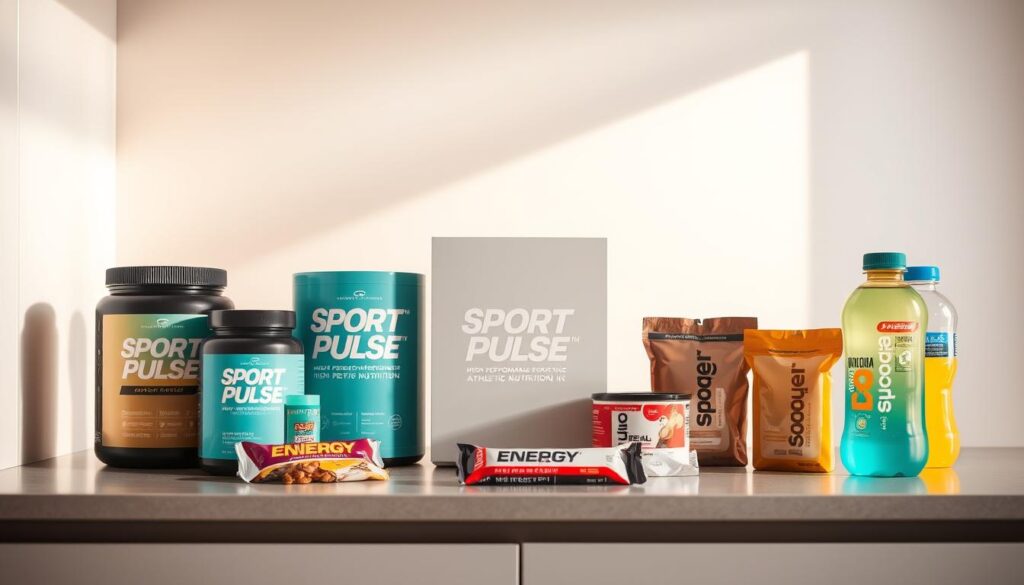 A sleek, minimalist kitchen counter showcases an array of high-performance athletic nutrition products, including protein powders, energy bars, and electrolyte-infused drinks. The "Sport Pulse" brand takes center stage, its modern logo and streamlined packaging exuding a sense of athletic excellence. Warm, natural lighting casts a soft glow, highlighting the vibrant colors and clean design of the products. In the background, a crisp, white wall provides a clean, uncluttered backdrop, allowing the nutritional items to take the spotlight. The overall atmosphere conveys a message of fueling the body for peak athletic performance, debunking common myths about the complexities of an elite athlete's diet.