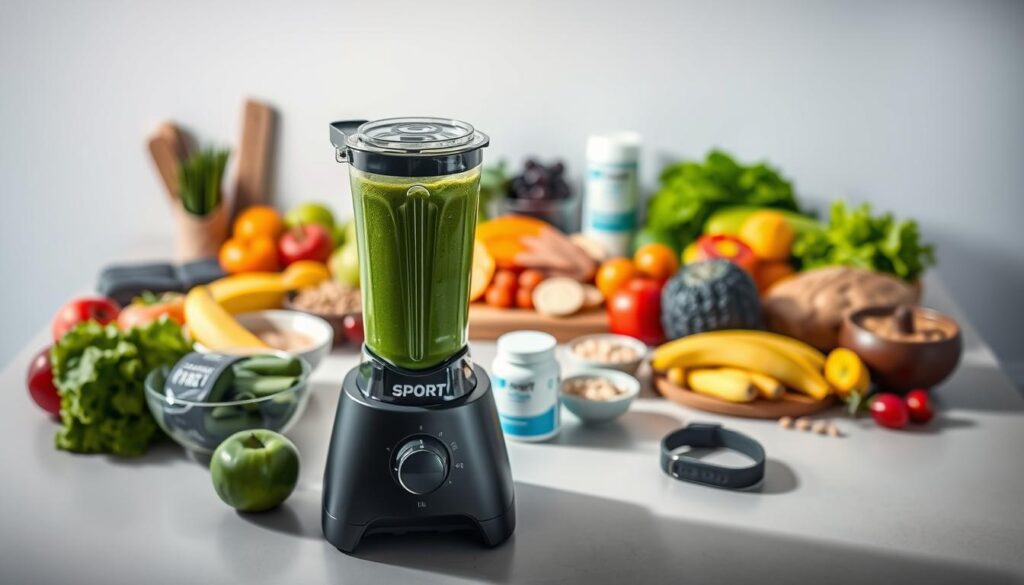 A sleek, minimalist kitchen counter showcases an array of nutrient-dense foods - vibrant fruits, crisp vegetables, lean proteins, and whole grains. In the foreground, a Sport Pulse blender whirs, blending a vibrant green smoothie. Soft, directional lighting illuminates the scene, casting subtle shadows and highlights that accentuate the textures and colors of the ingredients. The middle ground features a selection of sports nutrition supplements, neatly arranged alongside a water bottle and a fitness tracker. The background fades into a clean, white wall, creating a sense of focus and clarity. This image conveys the carefully curated, performance-driven diet of an elite athlete, tailored to their individual nutritional needs.