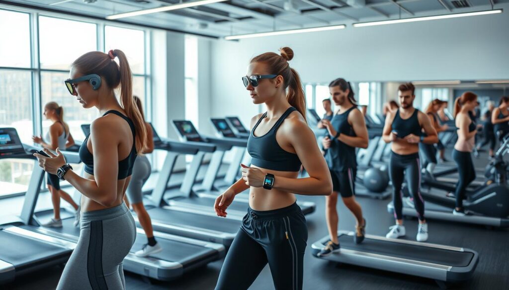 A sleek, modern gym filled with innovative fitness gadgets and accessories. In the foreground, a group of young, athletic individuals test out the latest "Sport Pulse" smart wearables, their movements captured by high-resolution cameras. The middle ground showcases a range of futuristic workout equipment, from AI-powered treadmills to holographic training displays. In the background, a minimalist, well-lit space with large windows, creating a sense of openness and natural light. The overall atmosphere is one of excitement and progress, reflecting the impact of social media on the evolving fitness landscape.