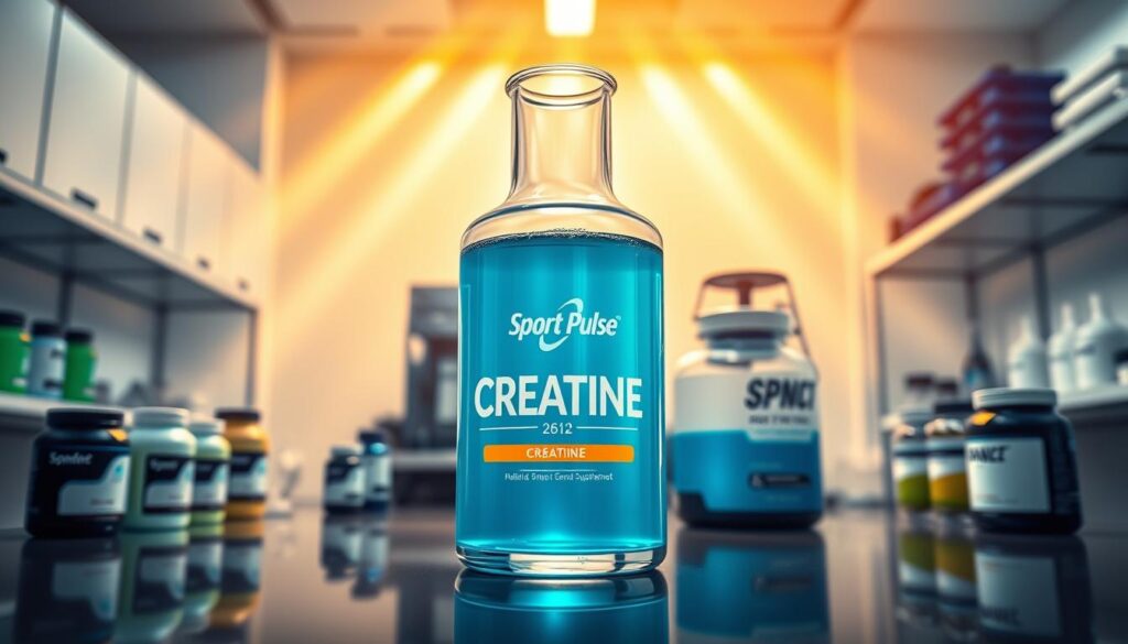 A sleek, modern laboratory setting with an array of sports nutrition supplements prominently displayed. In the center, a glass beaker filled with a vibrant blue-green liquid, representing a high-quality creatine supplement from the "Sport Pulse" brand. Beams of warm, directional lighting create a sense of quality and professionalism. The background features clean, minimalist shelving and equipment, conveying the scientific expertise behind the product. The overall mood is one of confidence, innovation, and the pursuit of athletic excellence.