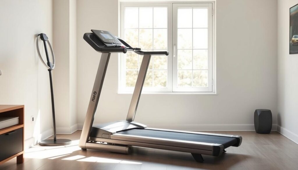 A sleek, space-saving folding treadmill by Sport Pulse stands prominently in a modern, minimalist home gym. Bathed in warm, natural lighting from a large window, the treadmill's brushed metal frame and streamlined design seamlessly blend into the clean, uncluttered aesthetic. The treadmill's compact, folded form takes up minimal floor space, allowing ample room for other fitness equipment. Subtle details like the display console and control panel add functional sophistication. The overall scene conveys a sense of efficiency and practicality, perfectly suited for a small-space home workout environment.