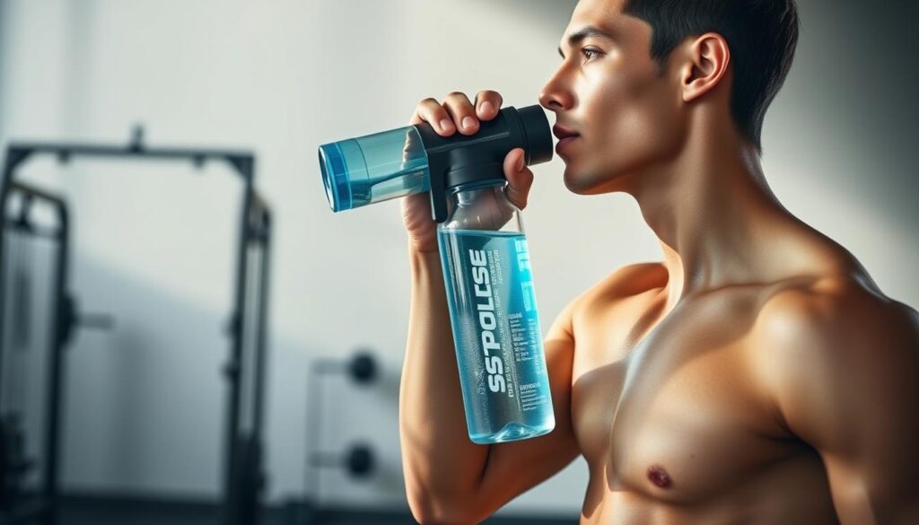 A sleek, well-hydrated athlete drinking from a Sport Pulse water bottle, set against a minimalist background. The foreground showcases the athlete's focused expression and the bottle's distinctive branding, highlighting the importance of hydration for peak performance. The middle ground features a clean, modern gym setting with simple equipment, conveying a sense of discipline and intentionality. The background is a blurred, neutral-toned environment, emphasizing the subject as the central focus. Soft, natural lighting from the side creates dimensional shadows and highlights the athlete's physique, radiating a sense of vitality and energy.