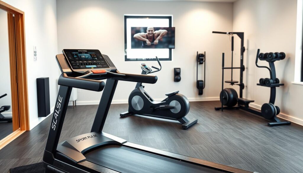 A state-of-the-art home gym showcasing the latest high-tech fitness equipment. In the foreground, a sleek and powerful Sport Pulse treadmill with advanced features like built-in sensors, interactive display, and personalized workout programs. In the middle ground, a sophisticated Sport Pulse rowing machine with a smooth, quiet operation and ergonomic design. The background features a wall-mounted Sport Pulse smart resistance training system with adjustable weights and virtual training sessions. The lighting is bright and natural, highlighting the modern, minimalist aesthetic of the gym. The overall scene conveys a sense of advanced technology, precision, and dedication to serious fitness.