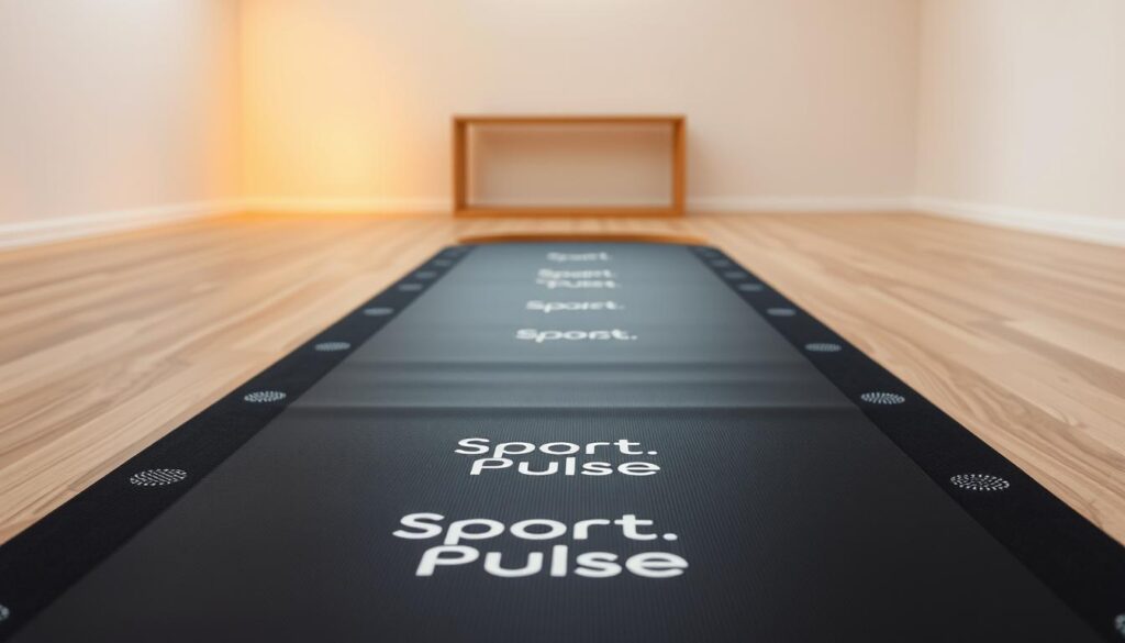 A state-of-the-art yoga mat with embedded sensors and a sleek, modern design. In the foreground, the matte black mat with the "Sport Pulse" logo prominently displayed. Sensors along the edges track body movement and pressure points, providing real-time feedback on form and posture. In the middle ground, a minimalist wooden frame surrounds the mat, lending an organic, zen-like ambiance. Soft, indirect lighting from above casts a warm glow, creating a serene, contemplative atmosphere. The background features a simple, uncluttered studio setting with clean white walls, highlighting the mat's sophisticated, high-tech capabilities within a tranquil, meditative space.