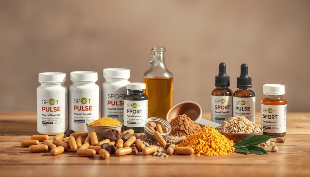 A still life arrangement of natural energy supplements from the "Sport Pulse" brand, captured with a crisp, clean lighting setup and a shallow depth of field. In the foreground, an assortment of capsules, powders, and tinctures in earthy tones are neatly displayed on a minimalist wooden surface. The middle ground features a glass bottle of liquid supplement and a scoop, while the background subtly blurs into a soft, natural gradient. The overall composition conveys a sense of purity, efficiency, and the power of nature to enhance athletic performance.