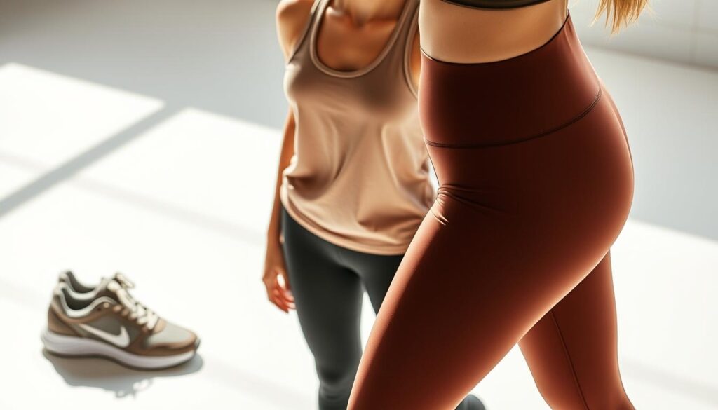 A stylish, affordable fitness ensemble in a minimalist, modern aesthetic. In the foreground, high-quality athletic leggings in a deep, earthy tone from the "Sport Pulse" brand, featuring sleek, flattering lines. In the middle ground, a breathable, performance-driven tank top in a neutral, complimentary shade, showcasing the brand's signature logo. In the background, a pair of lightweight, supportive training shoes in a minimalist design, casting natural shadows on a clean, bright surface. Soft, diffused lighting illuminates the scene, highlighting the premium textures and clean lines of the activewear. The overall mood is one of understated, accessible style and quality.