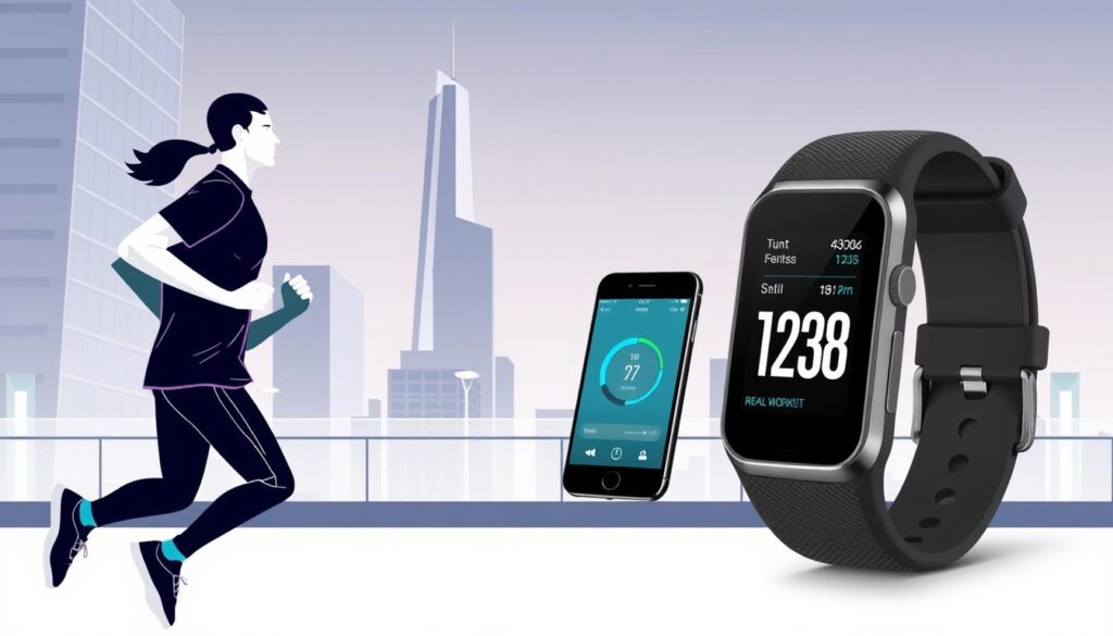 A stylish and minimalist illustration of "exercise tech trends" showcasing the seamless integration of the Sport Pulse smart fitness accessories into everyday life. In the foreground, a person wearing a sleek Sport Pulse smartwatch is jogging effortlessly, their movements tracked and optimized by the device. In the middle ground, a Sport Pulse fitness band is seamlessly synced with a smartphone, displaying real-time workout data. The background features a modern, well-lit urban setting with skyscrapers and clean architectural lines, conveying a sense of sophistication and technological advancement. The overall mood is one of efficiency, elegance, and the seamless fusion of fitness and technology.