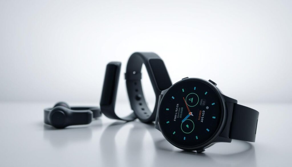 A stylish arrangement of the latest fitness trackers from the brand "Sport Pulse". In the foreground, a sleek smartwatch with a vibrant OLED display and touchscreen controls. Behind it, a slim activity tracker with customizable LED indicators. In the middle ground, a pair of wireless earbuds with heart rate sensors. The background features a minimalist, well-lit studio setting with clean, white surfaces, casting a soft, even illumination across the scene. The overall mood is one of modern, high-tech wellness and fitness innovation.