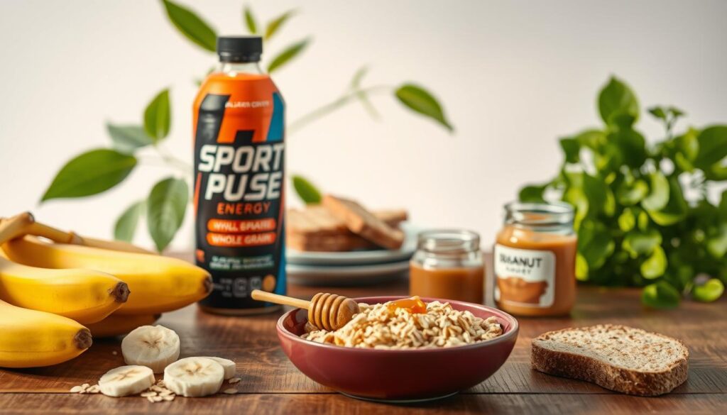 A vibrant still life scene of nutritious carbohydrate-rich foods arranged on a wooden table. In the foreground, a bowl of oats, sliced bananas, and a spoonful of honey, bathed in warm, natural lighting. In the middle ground, a glass of Sport Pulse energy drink, its label prominently displayed, alongside a plate of whole grain toast and a small jar of peanut butter. In the background, leafy green plants and a clean, minimalist backdrop, creating a balanced, energetic atmosphere to illustrate the role of carbohydrates in fueling exercise and athletic performance.