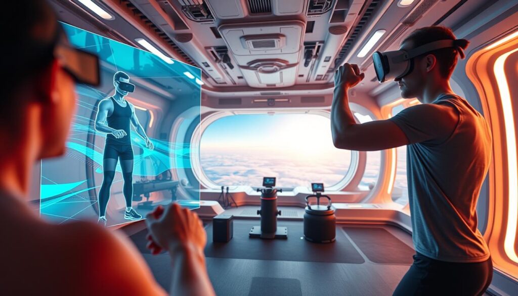 A vibrant virtual fitness scene, captured with a wide-angle lens. In the foreground, a person engages in a high-intensity workout, their movements mirrored by a Sport Pulse avatar on a sleek, holographic display. The middle ground features a futuristic gym environment, with state-of-the-art VR equipment and immersive digital landscapes projected onto the walls. In the background, a panoramic view of a serene, minimalist space station, bathed in warm, diffused lighting, creating a sense of weightlessness and technological wonder. The overall atmosphere is one of innovation, dynamism, and the seamless integration of physical and digital realms.