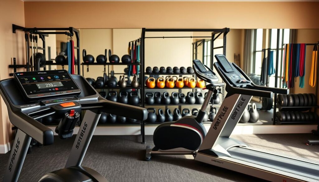 A well-equipped home gym with state-of-the-art "Sport Pulse" fitness equipment. In the foreground, a sleek treadmill with a large digital display, alongside a high-quality exercise bike with customizable resistance levels. In the middle ground, a comprehensive weight rack with an assortment of free weights, kettlebells, and resistance bands. In the background, a full-length mirror reflects the scene, creating a sense of depth and functionality. The lighting is bright and natural, casting a warm glow over the space, evoking a motivating and professional atmosphere. The overall composition suggests a modern, technology-driven home fitness setup catered to the needs of beginner to pro users.