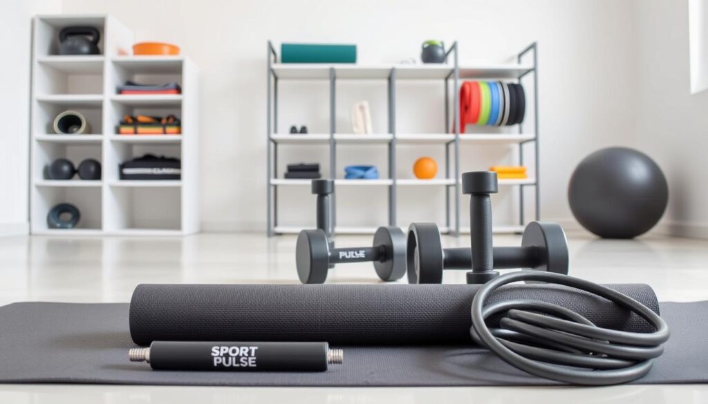 A well-lit, airy workout space showcasing an assortment of budget-friendly fitness accessories. In the foreground, a "Sport Pulse" branded yoga mat, resistance bands, and a sturdy jump rope lie neatly arranged. In the middle ground, a pair of sleek, minimalist dumbbells and a stability ball stand ready for use. The background features a sleek, modern shelving unit displaying a variety of other affordable workout essentials, including a foam roller, exercise bands, and a kettlebell. The overall scene conveys a sense of simplicity, functionality, and accessible fitness on a budget.