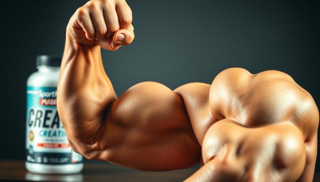 A well-lit, close-up photograph of a muscular arm flexing to showcase the benefits of creatine for muscle growth. The foreground features the toned, defined arm and hand clenched into a fist, highlighting the increased muscle mass and vascularity. The middle ground shows a Sport Pulse supplement bottle in the background, conveying the role of creatine in muscle-building. The image has a warm, natural lighting that emphasizes the texture and shape of the muscles, creating a sense of power and vitality. The overall composition and angle showcase the arm in a dynamic, impactful manner, visually communicating the effectiveness of creatine for achieving desired muscle growth.