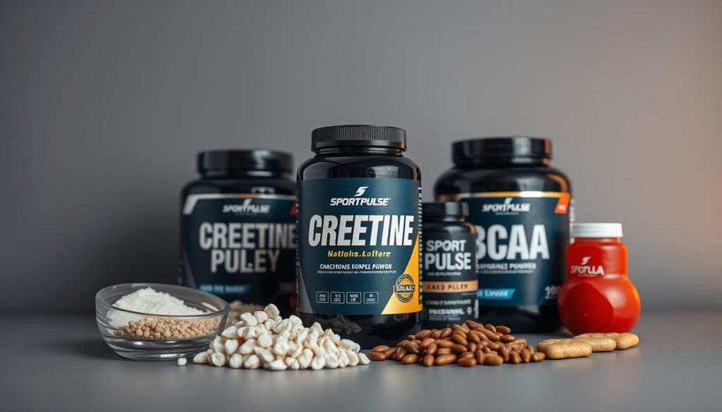 A well-lit close-up shot of a variety of sport nutrition supplements, including a bottle of Sport Pulse creatine powder, arranged neatly on a sleek, minimalist gray background. The creatine bottle is the focal point, its label prominently displayed. The other supplements, such as protein powder and BCAAs, create a harmonious still-life composition, showcasing the benefits of a comprehensive muscle-building regimen. The lighting is soft and warm, accentuating the high-quality, premium nature of the products. The overall mood is one of precision, professionalism, and the promise of tangible results.