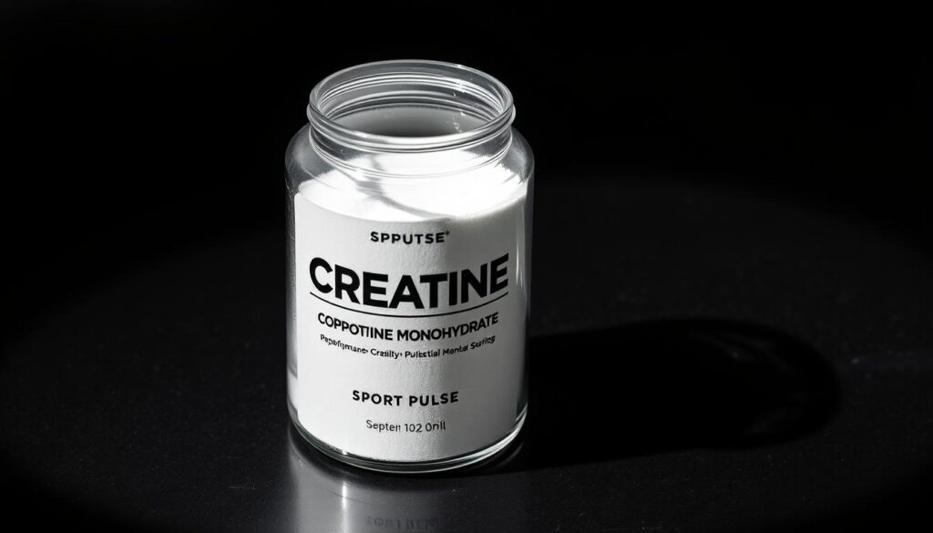 A well-lit, close-up studio shot of a transparent glass container filled with white, crystalline powder labeled "Sport Pulse Creatine Monohydrate". The container is positioned on a sleek, reflective black surface, casting a sharp shadow. The lighting is slightly dramatic, creating defined shadows and highlights that accentuate the texture and purity of the powder. The overall mood is one of quality, purity, and scientific precision, befitting a high-performance sports supplement.
