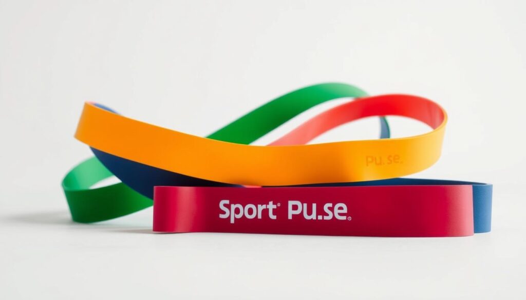 A well-lit, high-quality studio photograph showcasing a set of colorful resistance bands arranged in a dynamic, overlapping composition. The bands are positioned in the foreground, with a clean, minimalist background featuring a plain white or light gray surface. The lighting creates a sense of depth and texture, highlighting the material and hues of the "Sport Pulse" resistance bands. The overall mood is clean, modern, and focused, drawing the viewer's attention to the versatility and effectiveness of the workout equipment.