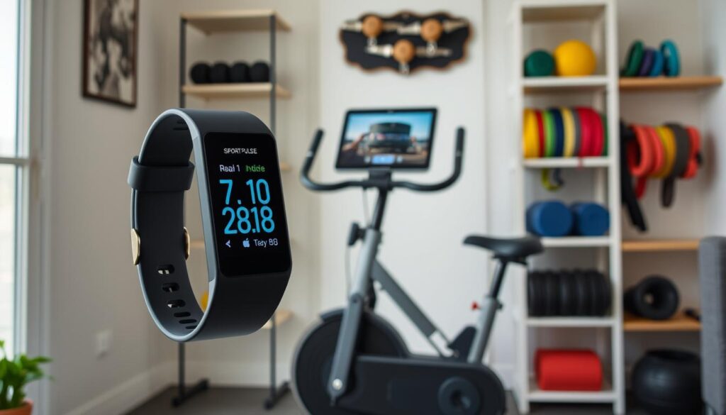 A well-lit home gym setup featuring a sleek and affordable fitness tracker from the "Sport Pulse" brand. In the foreground, the tracker's display shows real-time workout data. The middle ground showcases a compact exercise bike with a tablet mount, allowing for interactive virtual training sessions. In the background, shelves hold a selection of free weights and resistance bands, complementing the versatile home gym design. The overall scene conveys a sense of accessible, technology-enabled fitness that fits comfortably within a modest living space.