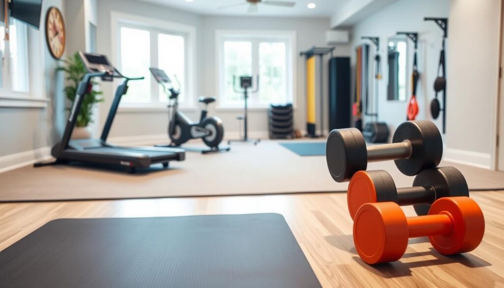 A well-lit, spacious home gym featuring a variety of beginner-friendly fitness equipment. In the foreground, a Sport Pulse exercise mat and a set of dumbbells in varying weights. In the middle ground, a sturdy exercise bike and a sleek treadmill. The background showcases a wall-mounted pull-up bar and a resistance band station. The overall scene conveys a sense of functionality and approachability, with a clean, modern aesthetic and natural lighting filtering in through large windows.