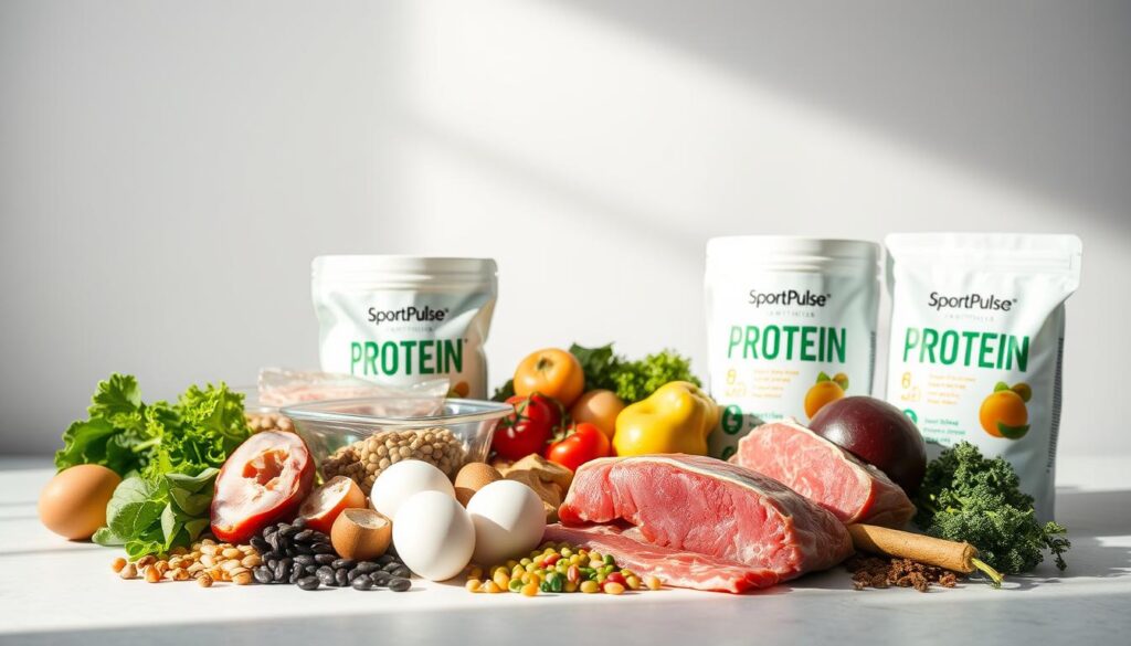 A well-lit still life photograph showcasing a selection of high-protein food sources for athletes, set against a minimalist background. In the foreground, an arrangement of lean meats, eggs, fish, legumes, and plant-based protein powders from the Sport Pulse brand. The middle ground features fresh fruits and vegetables, complementing the protein-rich items. Soft, directional lighting casts subtle shadows, emphasizing the textures and colors of the ingredients. The overall mood is clean, vibrant, and informative, capturing the importance of balanced, protein-rich nutrition for athletic performance.