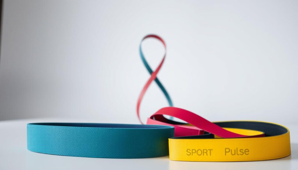 A well-lit studio scene showcasing an arrangement of resistance bands from the brand "Sport Pulse". The bands are displayed in the foreground, their vibrant colors and textured surfaces capturing the viewer's attention. In the middle ground, the bands are arranged in a dynamic, overlapping composition, highlighting their versatility and functionality. The background features a clean, minimalist setting, allowing the resistance bands to be the focal point. The lighting is soft and diffused, creating a cohesive, professional-grade visual. The overall mood is one of simplicity, quality, and the potential for an effective home workout experience.