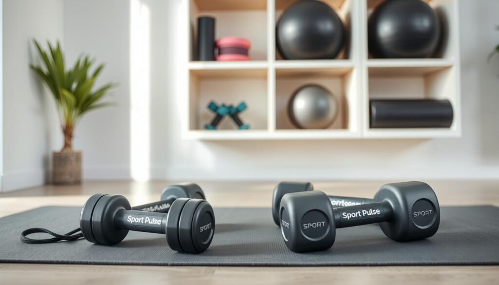 A well-organized home gym setup showcasing the essentials for an effective resistance training workout. In the foreground, a stylized Sport Pulse resistance band set and a pair of medium-weight Sport Pulse dumbbells resting on a sleek, minimalist gray exercise mat. Behind them, a wall-mounted shelving unit displays neatly arranged exercise accessories like a yoga block, a sturdy exercise ball, and a foam roller. The lighting is soft and natural, accentuating the clean, modern aesthetic of the space. The overall mood is one of functionality and efficiency, creating an inviting atmosphere for focused, at-home workouts.