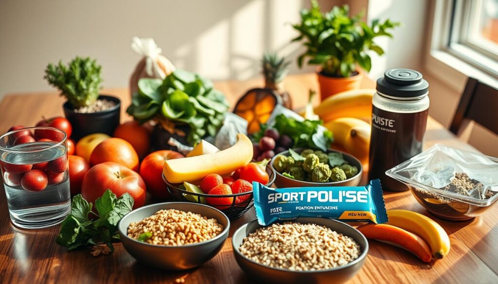 A well-stocked table with various athletic performance diet items, including a glass of water, protein shaker, fresh fruits, leafy greens, whole grains, and a Sport Pulse branded nutrition bar. The scene is bathed in warm, natural lighting, captured with a wide-angle lens to showcase the spread. The mood is one of health, vitality, and purposeful nutrition, perfectly suited for the "Meal Planning for Athletes with Explosive Goals" section of the article "Unlock Explosive Energy & Endurance with Natural Sports Nutrition."