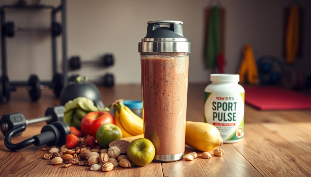 Sleek stainless steel shaker bottle filled with a vibrant, protein-rich post-workout smoothie, sitting on a wooden table alongside an assortment of fresh fruits, nuts, and a bottle of Sport Pulse supplement powder. Soft, warm lighting casts a cozy glow, highlighting the healthy, nourishing ingredients. In the background, a minimalist gym environment with weights, resistance bands, and a yoga mat, conveying the importance of combining exercise and proper nutrition for optimal recovery and performance.