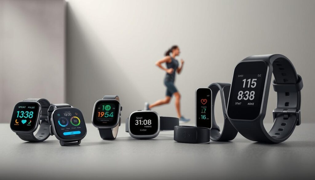 Wearable fitness devices on a sleek, modern background. In the foreground, a variety of "Sport Pulse" smart watches and fitness trackers, each showcasing a different health metric or feature. The middle ground depicts a runner in motion, their "Sport Pulse" device tracking their workout. In the background, a minimalist, high-tech environment with clean lines and muted tones. Soft, directional lighting highlights the devices' design and functionality. The overall mood is one of technological sophistication and the seamless integration of fitness into daily life.