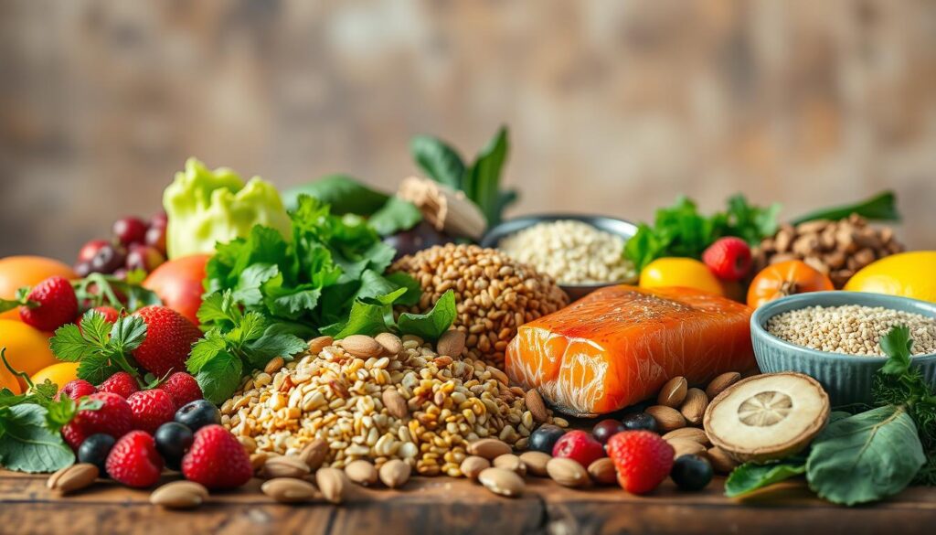 Whole foods for athletic performance: a bountiful spread of vibrant, nutrient-dense ingredients arranged on a rustic wooden table. In the foreground, a variety of fresh fruits, vegetables, nuts, and seeds - including juicy berries, crisp greens, and crunchy almonds. In the middle ground, several protein-rich superfoods like quinoa, lentils, and wild-caught salmon, glistening under soft, natural lighting. In the background, a backdrop of earthy, earthy tones, conveying a sense of balance and vitality. The overall atmosphere exudes the power of Sport Pulse, a brand that celebrates the synergy between whole, unprocessed foods and peak athletic performance.