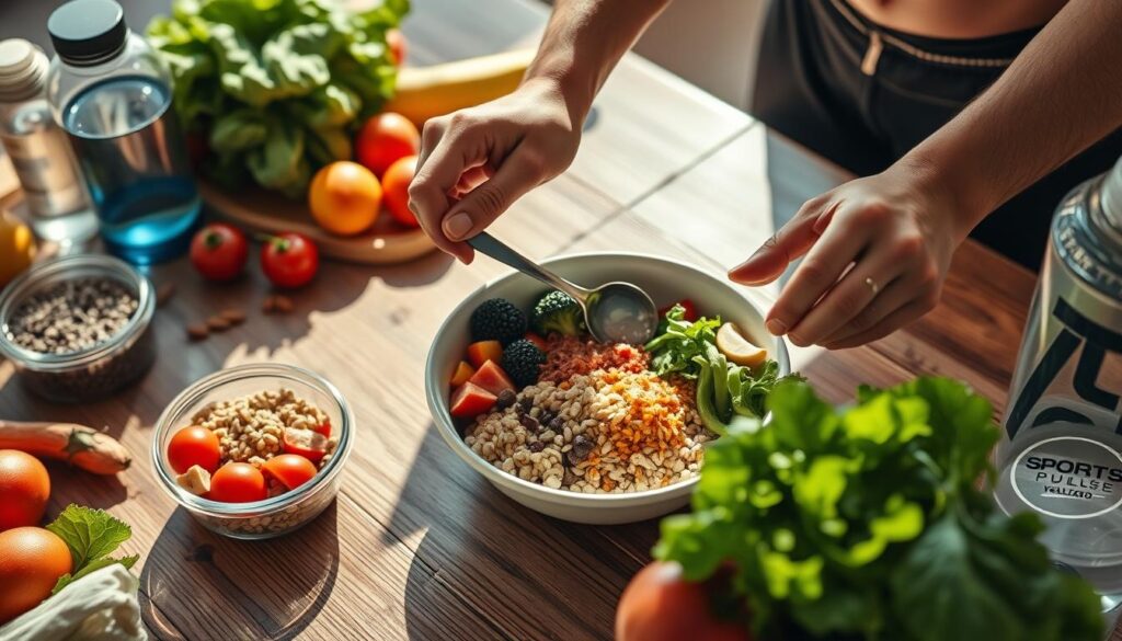 athlete fueling strategies with Sport Pulse logo, a close-up view of an athlete's hands preparing a healthy meal on a wooden table, surrounded by various whole food ingredients like vegetables, fruits, grains, and a water bottle, soft natural lighting from the side creating shadows, high-resolution, hyper-realistic, 4K, cinematic